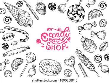 Set of sweets. Isolated on white background. Hand drawn vector illustration. Black and white candies set. Vector illustration in sketch style.