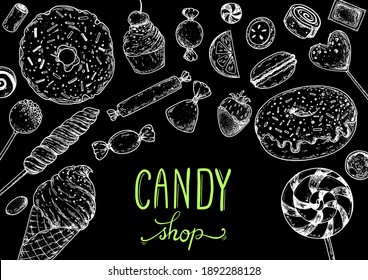 Un conjunto de dulces. Aislado sobre fondo blanco. Ilustración vectorial dibujada a mano. El conjunto de caramelos blancos y negros. Ilustración vectorial en estilo de esbozo.