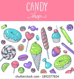 Set of sweets. Isolated on white background. Hand drawn vector illustration. Colorful candies set. Yummy colorful sweet