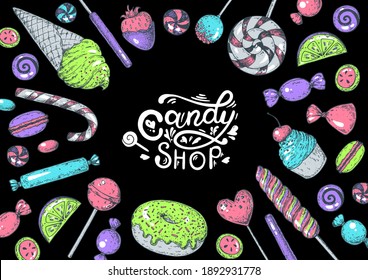 Set of sweets. Isolated on white background. Hand drawn vector illustration. Colorful candies set. Yummy colorful sweet