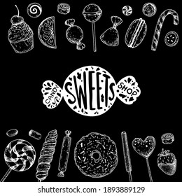 Süßigkeiten. Einzeln auf weißem Hintergrund. Handgezeichnete Vektorgrafik. Schwarz-Weiß-Bonbons-Set. Vektorgrafik im Skizzenstil.