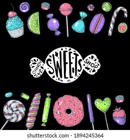 Un conjunto de dulces. Aislado sobre fondo blanco. Ilustración vectorial dibujada a mano. Coloridas caramelos. Yummy colorido dulce