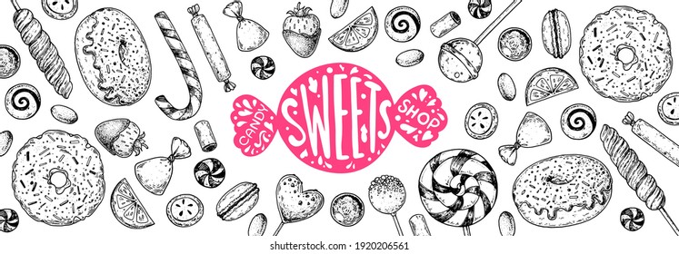 Set of sweets. Isolated on white background. Sweet FOOD frame.  Hand drawn vector illustration. Black and white candies set. Vector illustration in sketch style.