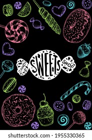 Set of sweets. Isolated on white background. Hand drawn vector illustration. Black and white candies set. Vector illustration in sketch style.
