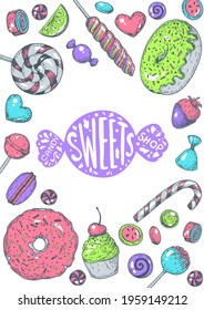 Set of sweets. Isolated on white background. Hand drawn vector illustration. Colorful candies set. Yummy colorful sweet