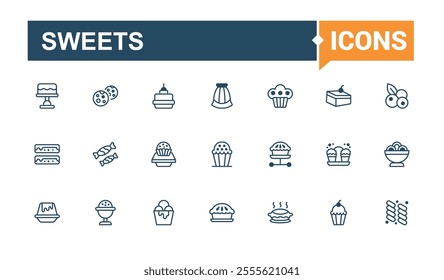 Set of Sweets line icons. Includes icons for dessert, sweetly, food, sweets, vanilla and more. Modern thin icons. Solid line editable stroke. Vector line and solid icons.