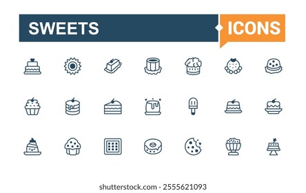 Set of Sweets line icons. Includes icons for dessert, sweetly, food, sweets, vanilla and more. Modern thin icons. Solid line editable stroke. Vector line and solid icons.