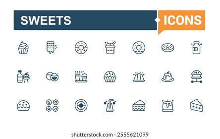 Set of Sweets line icons. Includes icons for dessert, sweetly, food, sweets, vanilla and more. Modern thin icons. Solid line editable stroke. Vector line and solid icons.