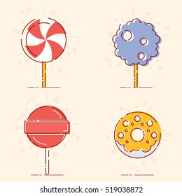 Set of sweets lines icons. Flat vector cartoon sweets illustration. Objects isolated on a white background.