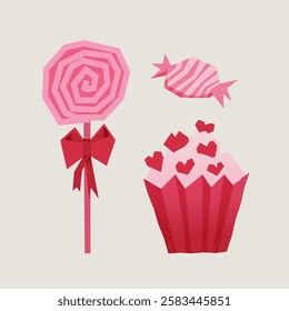 Set of sweets, lollipop, candy, cupcake. Pink love set used as romantic background for web pages, wedding invitations, greeting cards, postcards, textile design, package design, patterns, prints.