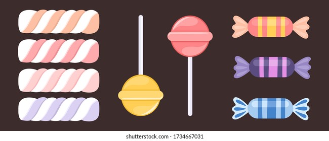 Set of sweets. Lollipop candy icon. Marshmallow collection. Confectionary game assets. Colorful vector stickers. Strawberry, orange, lemon, pineapple, berry flavor. Delicious food. Holiday,  party.