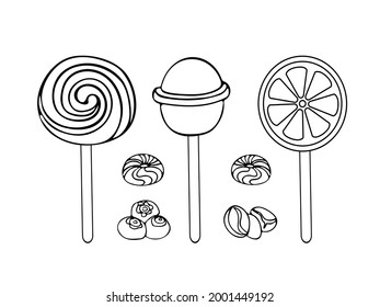 A set of sweets. Lollipops, blueberry caramel and coffee. Sweets day. Vector doodle illustration of dessert food in vintage style. For menu, cookbook, postcard, poster.