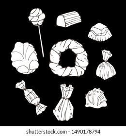 Set of sweets: marshmallow, lollipop, candies, chocolate, bagel. Coloring page for fun