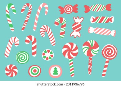 Set of sweets on Christmas: candy canes, lollipops , candies. Vector hand drawn elements isolated on blue background.