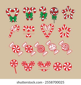 Set of sweets on Christmas: candy canes, lollipops , candies. Vector  on beige  background.