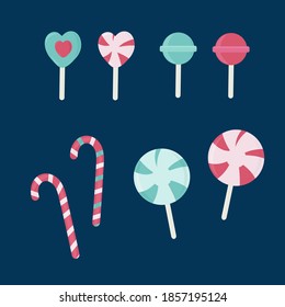 Set of sweets on a dark background caramel, Lollipop, mint candy. Sweet collection vector drawn in the style of flat. Vector illustration