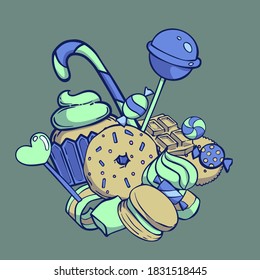 Set of sweets on dark green background