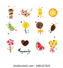 Set of sweets on white background caramel, jelly beans, Lollipop, candy, coffee, marmalade, fruit.