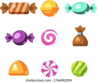 Conjunto de dulces sobre caramelos duros de fondo blanco, dragón, langostino, toffee, gelatina, caramelos de menta ilustración vectorial

