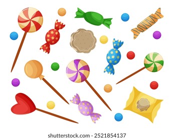 Conjunto de doces em um fundo branco. Coleção de doces, biscoitos e pirulitos para as férias de Halloween e Natal. Doces para crianças. Ilustração vetorial
