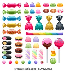 Set of sweets on white background - marshmallow, licorice, hard candy, dragee, cake pop, toffee, jelly, peppermint candy, chocolate vector illustration