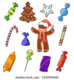 Set of sweets on a white background-chocolates, caramel, lollipops, gingerbread. Vector illustration.