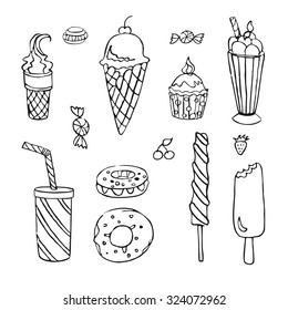 Set of sweets. Outlines, drawings by hand. Set for your design, isolated on white. Vector.