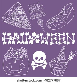Set of sweets and pastries on Halloween. Holiday food. Scary card. 