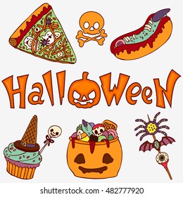 Set of sweets and pastries on Halloween. Holiday food. Scary card.