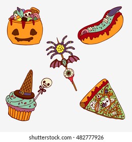 Set of sweets and pastries on Halloween. Holiday food. Scary card.