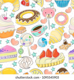 Set of sweets and pastries on white background, cute cartoon seamless vector illustration.