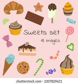 Set of sweets and pastries in vector. Icons and logo.