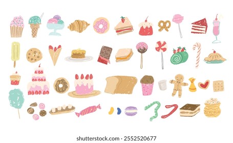 Set of sweets pastry icons. Silhouette line for candy shop, pastry, bakery, cafe, restaurant, confectionery. Desserts for Birthday, holiday, party. Illustrations for menu. Childlike drawing of sweets