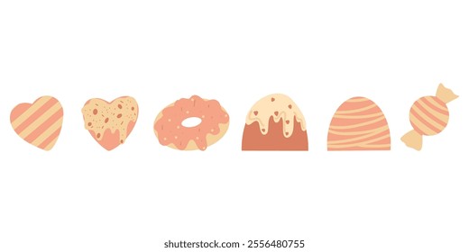 Set of sweets in peachy color on white background, vector illustration, candy, donut, cupcake