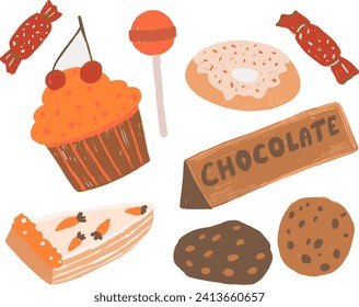 Set of sweets pencils drawn isolated on a white background