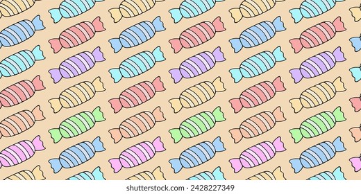 Set of sweets. Seamless horizontal vector pattern. The elongated candy is wrapped in a striped wrapper. Sweet endless background. Isolated yellow background. Cartoon style. A collection of chocolate.