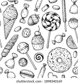 Set of sweets. Seamless pattern. Hand drawn vector illustration. Black and white candies. Vector illustration in sketch style.	