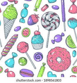 Set of sweets. Seamless pattern. Hand drawn vector illustration. Colorful candies. Hand drawn vector illustration