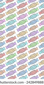 Set of sweets. Seamless vertical vector pattern. The elongated candy is wrapped in a striped wrapper. Sweet endless background. Isolated colorless background. Cartoon style. A collection of chocolate 