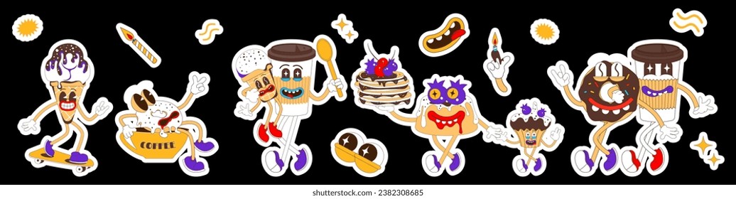 Juego de calcomanías. Personajes de burros, cafés, chocolate y helados de estilo retro.