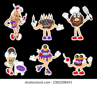 Set of sweets stickers. Cute donut, coffee, chocolate and ice cream and croissant characters in retro cartoon style.