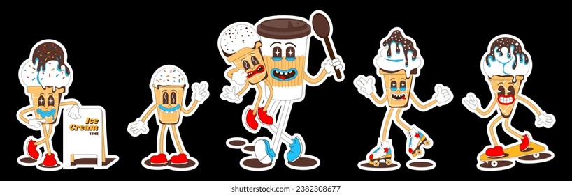 Set of sweets stickers. Cute ice cream and coffee characters in retro cartoon style.