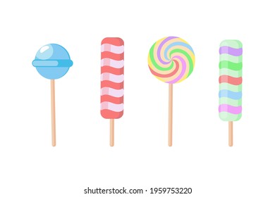 Set of sweets and striped lollipops isolated on white background. Vector illustration Holiday, treat or childrens concept