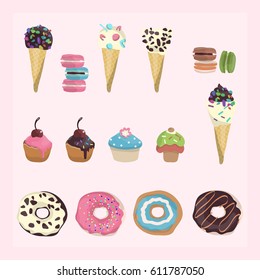 Set of sweets such as ice cream, donuts, cakes