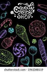 Set of sweets. Sweet FOOD frame.  Hand drawn vector illustration.  Color  candies set. Vector illustration in sketch style.