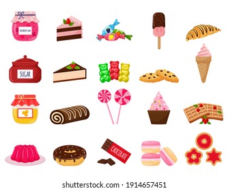 A set of sweets. Sweet pastries, cake, sweets, desserts. A collection of delicious, high-calorie food. Illustration in a cartoon flat style. Isolated on a white background