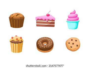 A set of sweets. Sweet pastries, cake, sweets, desserts. A collection of delicious, sweet bakery. Illustration in a cartoon flat style. Isolated on a white background