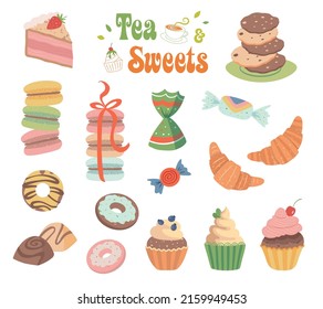 A set of sweets. Sweet pastries, cake, sweets, desserts. A collection of delicious, high-calorie food. Illustration in a cartoon flat style. Isolated on a white background
