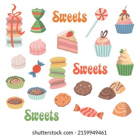 A set of sweets. Sweet pastries, cake, sweets, desserts. A collection of delicious, high-calorie food. Isolated on a white background