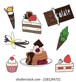 Set of sweets. Sweet pastries, cake, sweets, desserts. A collection of delicious, high-calorie food. Illustration in a cartoon flat style. Isolated on a white background